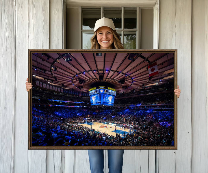 A print depicting an NBA game at Madison Square Garden, highlighting the scoreboard.