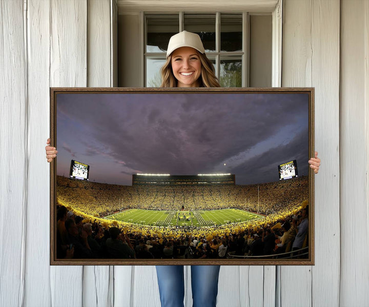 Michigan Stadium Wall Art Canvas Print of a night game by the Wolverines.