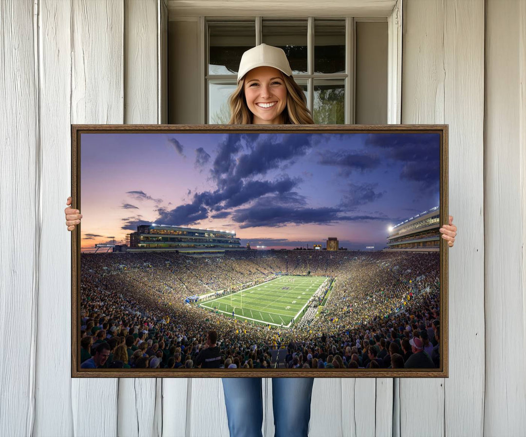 As the sun sets, a stunning backdrop highlights the Notre Dame Fighting Irish Football Team Print.