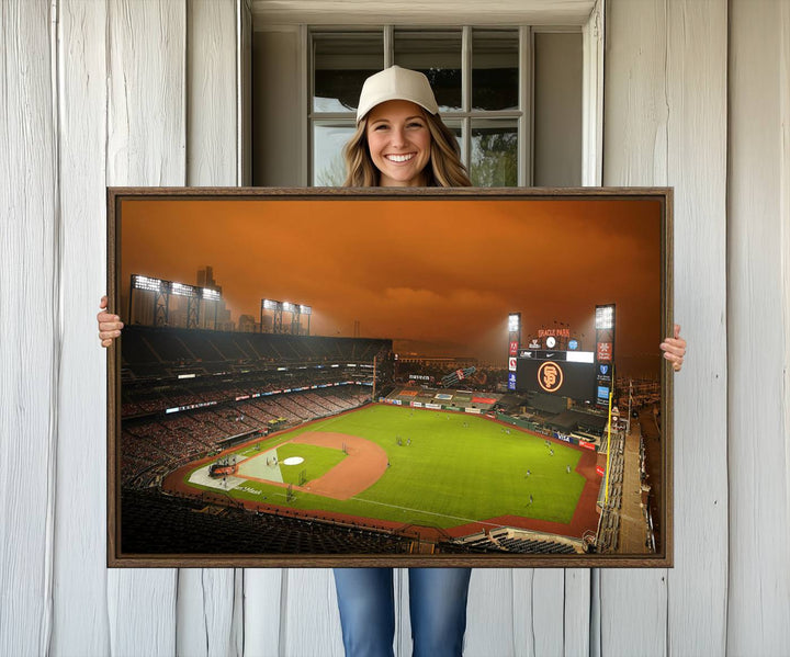 A canvas depicting an Oracle Park game with an orange sky, from SF Giants Stadium Wall Art.