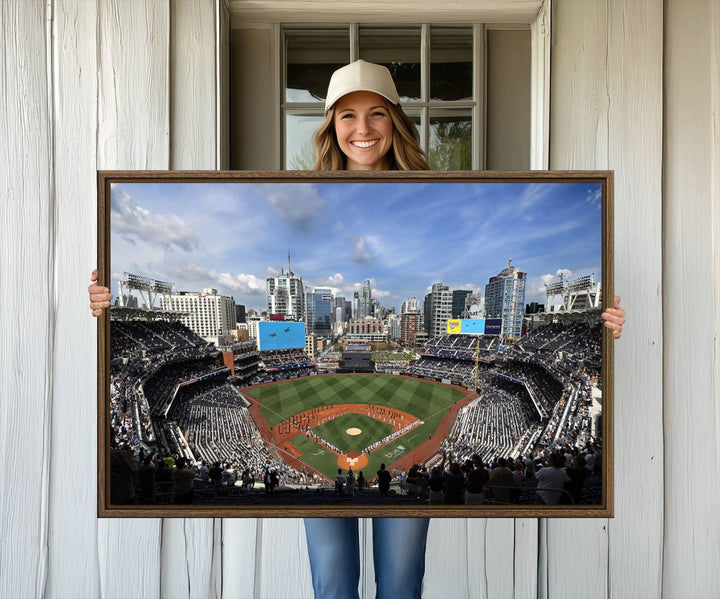 The San Diego Padres Baseball Canvas Print of Petco Park enhances the modern kitchen-dining area.