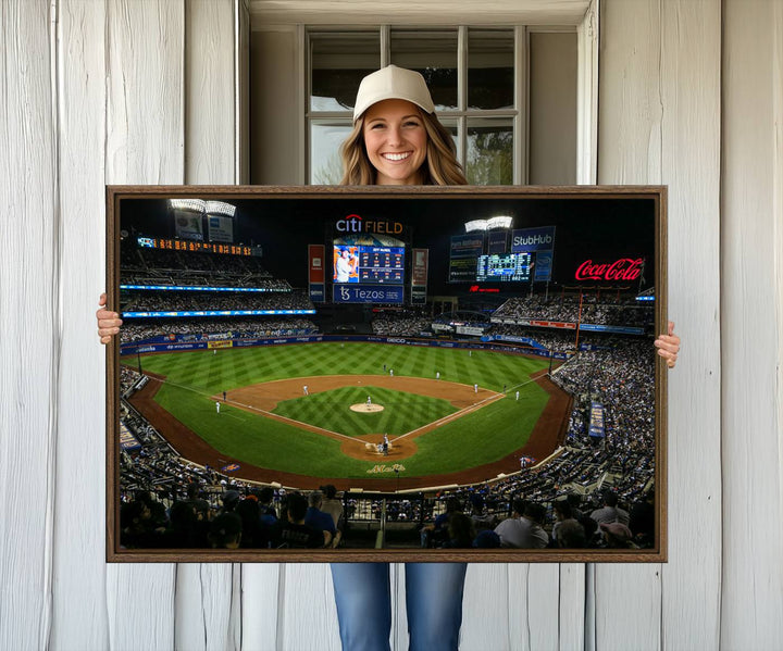 A print of the Oakland Athletics game at RingCentral Coliseum hangs on the wall.