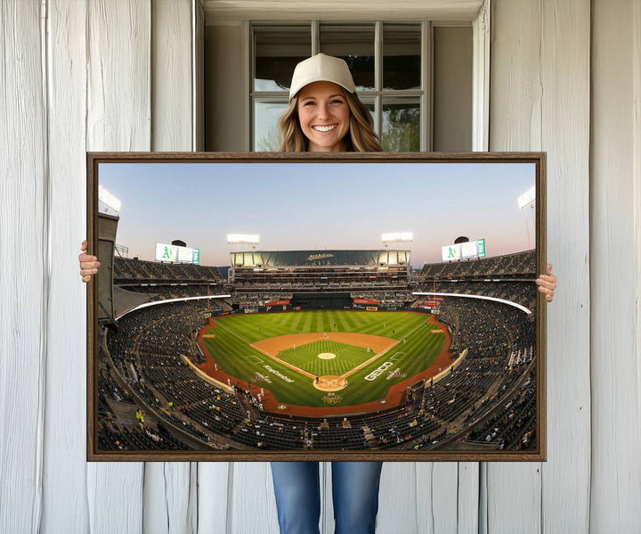 Oakland Athletics wall art canvas featuring the interior of RingCentral Coliseum Stadium.