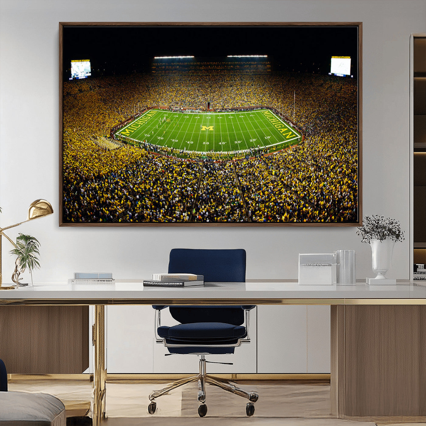 26166-MGV-CV-36X24-Stadium in Michigan Wall Art Canvas Print, Framed American Football Stadium Art Picture Print, Football Stadium Field Perfect Sports Room Decor Artwork