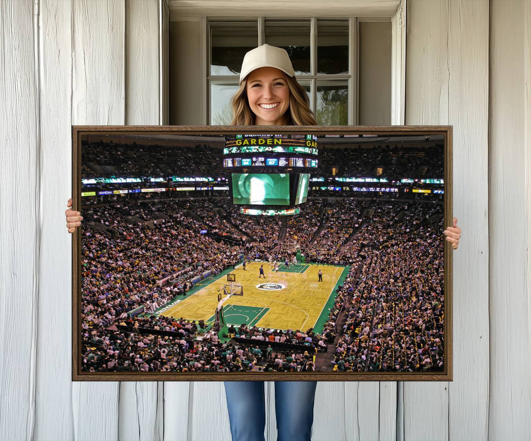 A vibrant depiction of a TD Garden basketball game is beautifully captured in the Boston Celtics Triple Canvas Wall Art, which comes framed and ready to hang.