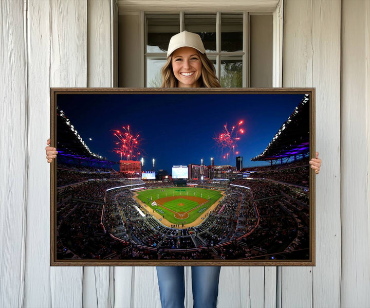 Truist Park wall art: fireworks over a Braves crowd, a large 3-panel canvas, framed and ready-to-hang.