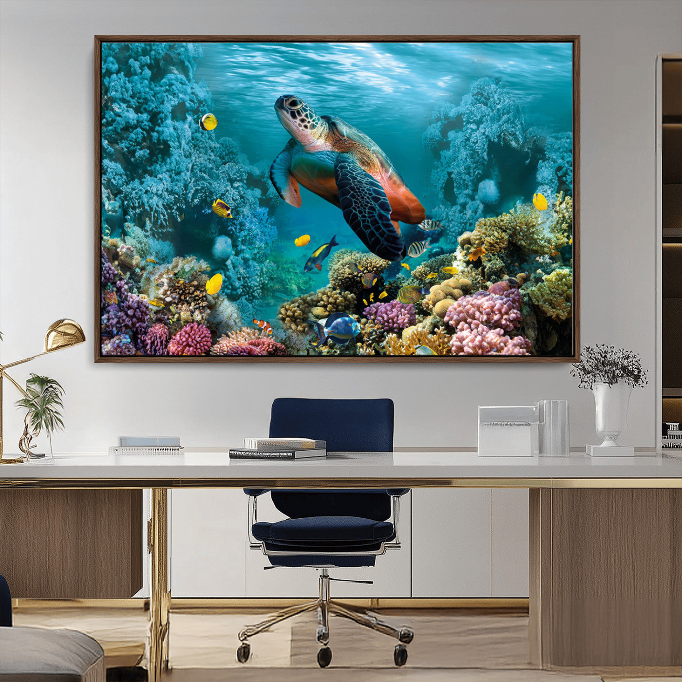 MGV-FC-36X24 - Sea Turtle and Coral Reef Triptych Wall Art – Vibrant Underwater Scene Canvas Set for Ocean Lovers and Coastal Decor – Ready to Hang 3-Panel Artwork