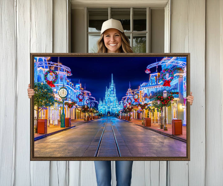 Disney wall art featuring a fantasy castle street at night.