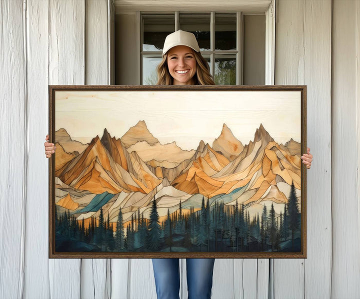 A triptych giclee print of mountains decorates the wall above the counter.