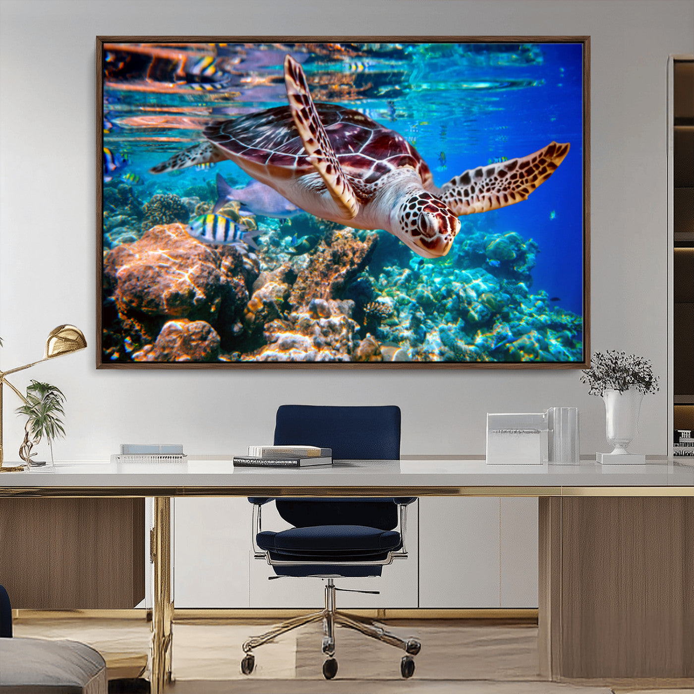 MGV-FC-36X24 - Underwater Coral Reef Sea Turtle Wall Art Canvas Print, Vibrant Marine Life | Colorful Ocean Scene