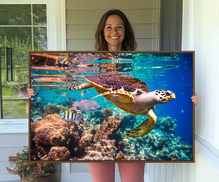 A Sea Turtle Wall Art Canvas Print features a colorful turtle swimming among coral. This artwork is ready to hang.