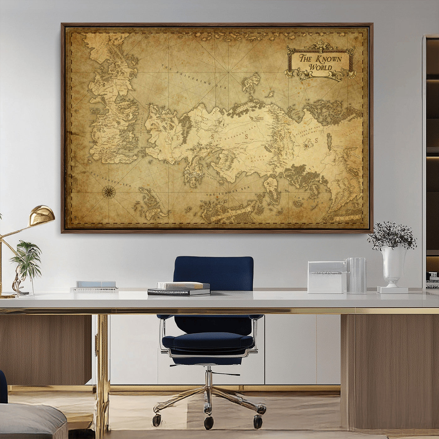 MGV-FC-36X24 - Vintage Game of Thrones Map Wall Art | Westeros and Essos Antique Style Print | The Known World in Triptych Canvas | Giclee Canvas for Fantasy Lovers