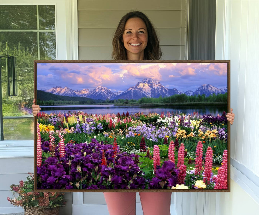 A Vibrant Wildflower Garden and Mountain View Giclee Print is displayed prominently on the wall.