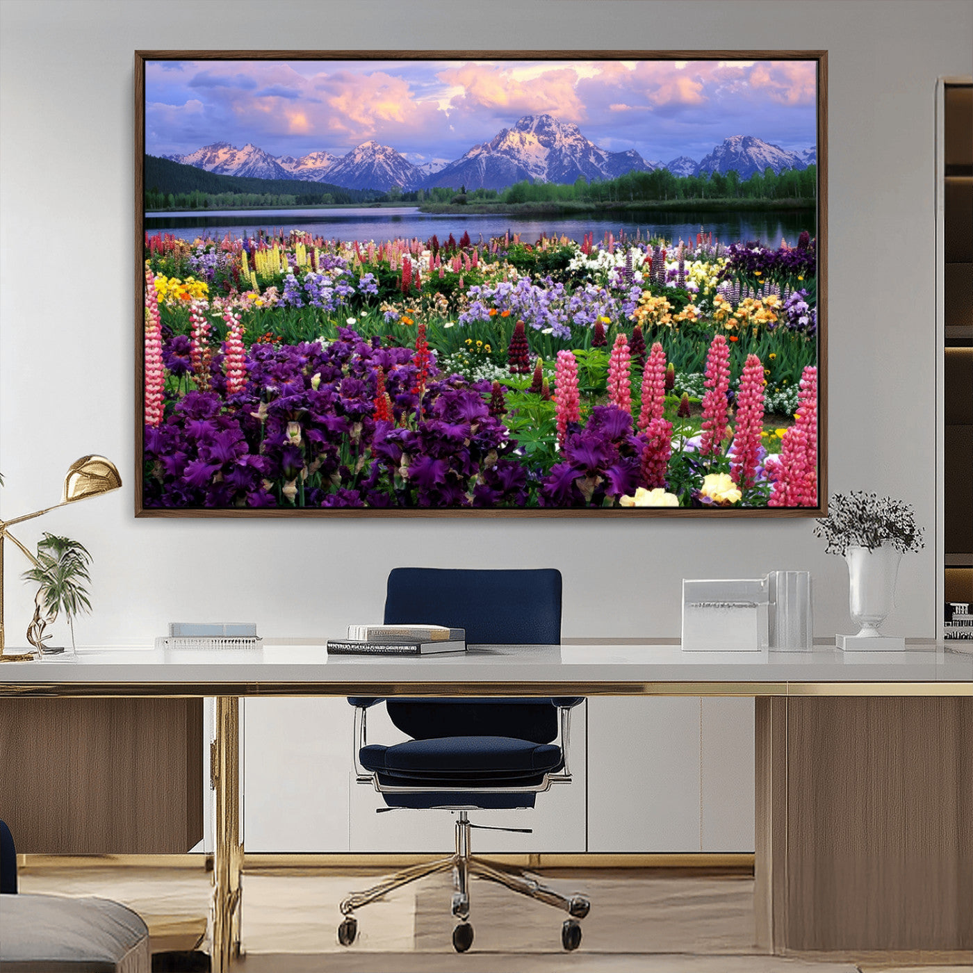MGV-FC-36X24 - Vibrant Wildflower Garden and Mountain View Giclee Canvas Print | Floral Wall Art for Living Room