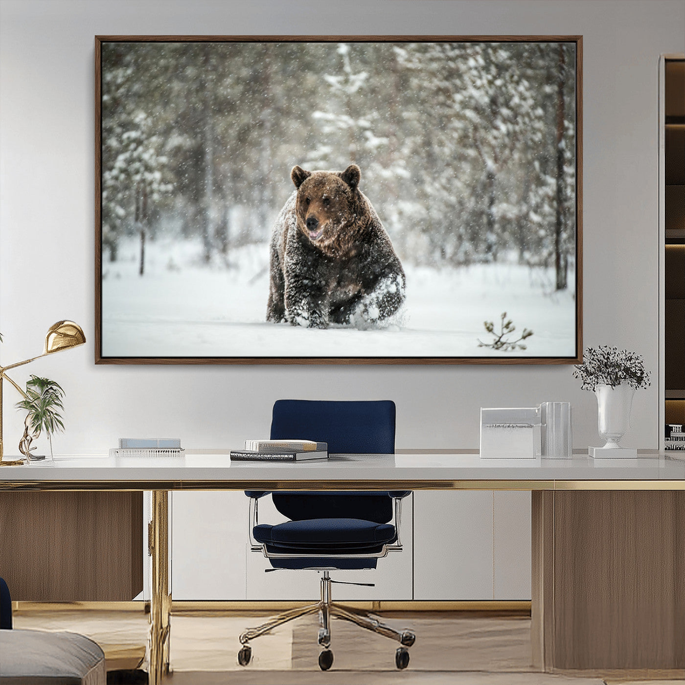 MGV-FC-36X24 - Wall Art Canvas Print – Grizzly Bear in Snowy Forest Powerful Presence Snowy Wilderness Wild Beauty