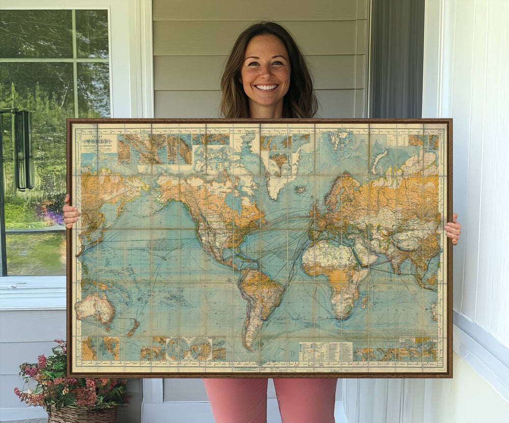 A Historical World Map print on canvas, showcasing faded colors and intricate outlines of navigation routes and ocean currents.