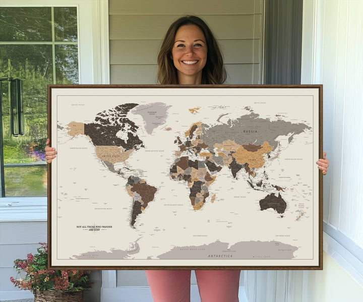 Antique-style world map canvas print with Not all those who wander are lost, perfect for vintage decor.