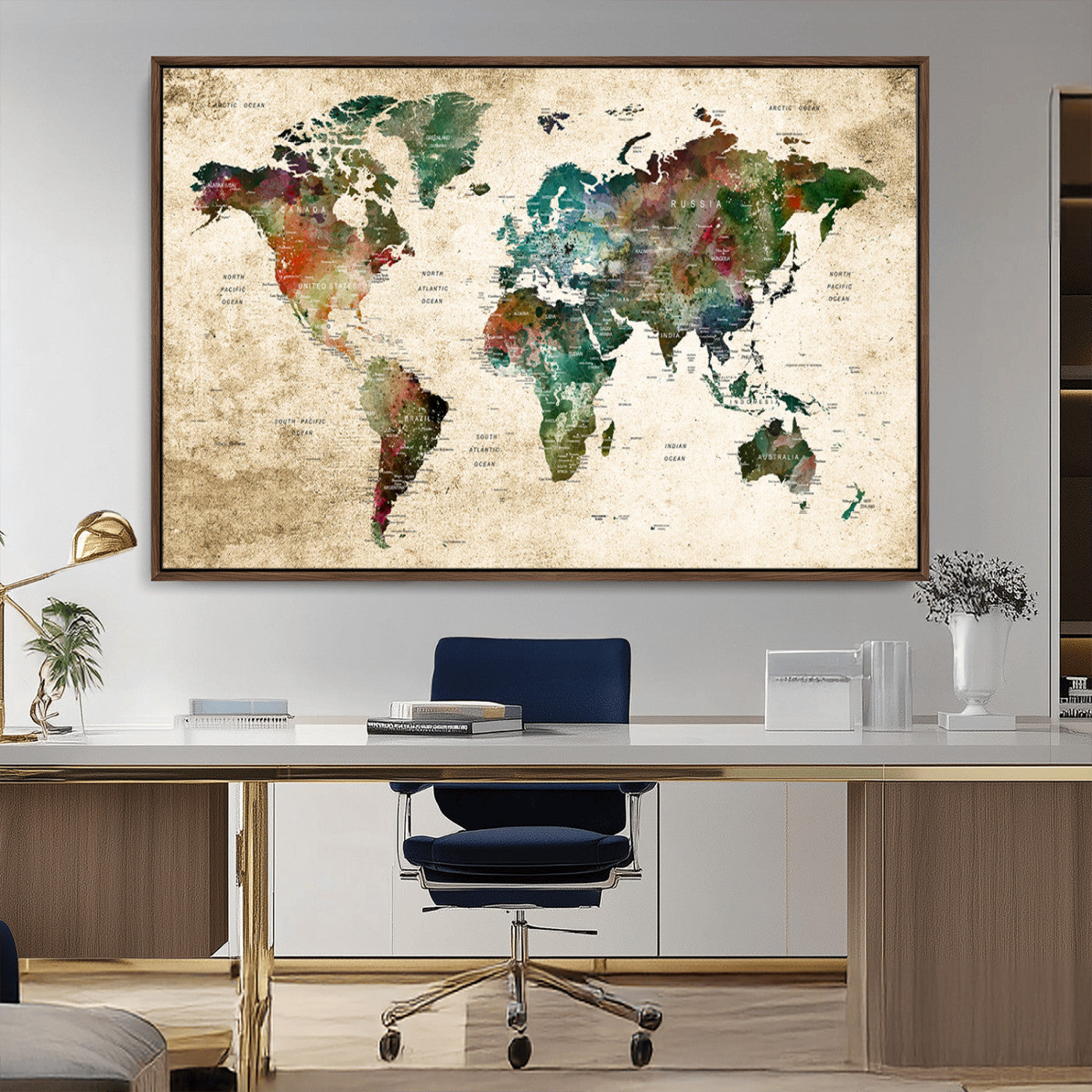 45128-MGV-CV-36X24-Push Pin World Map Canvas Print – Framed Wall Art for Couples to Track Their Travels – Anniversary Gift or Home Adventure Decor