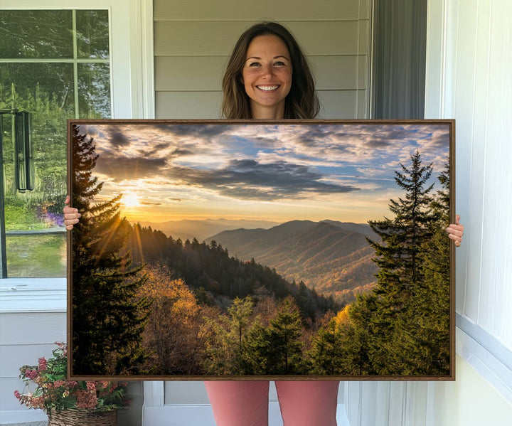 A triptych canvas titled Sunrise Over the Smoky Mountains adorns the wall.