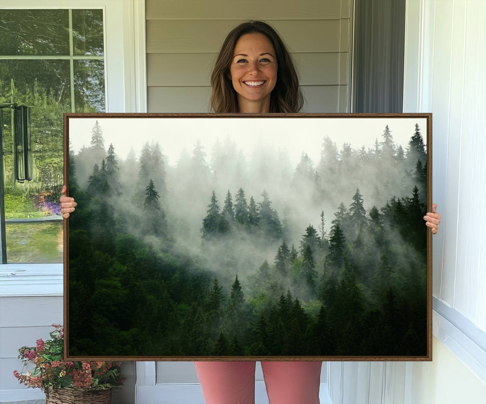 Misty Forest Mountain Wall Art: A 3-panel foggy landscape canvas print, ideal for enhancing home decor with natures beauty.