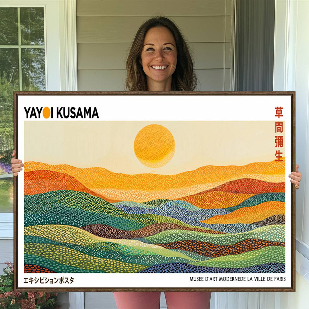 Framed Yayoi Kusama 1986 Wall Art: A vibrant abstract landscape featuring Wabi Sabi hills and a sun, created by the Japanese artist.