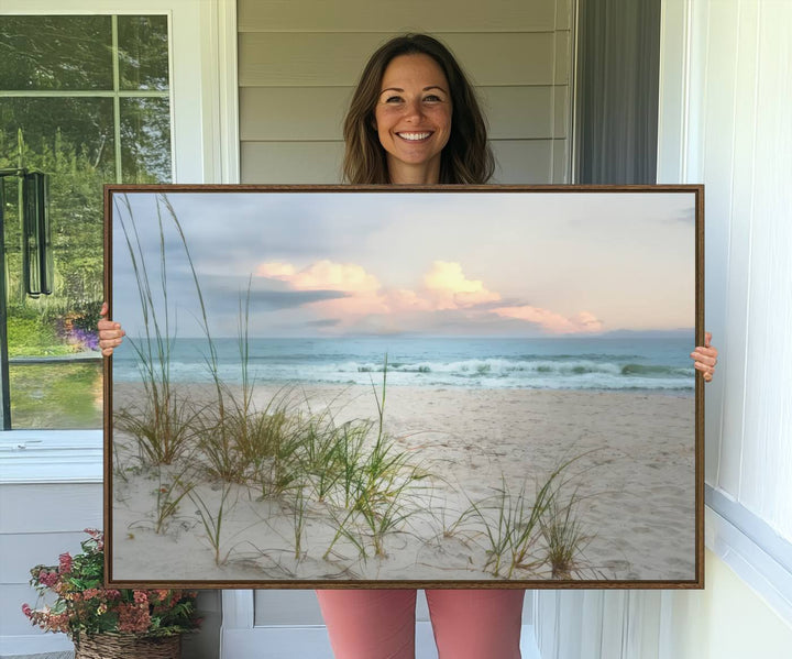 Flight Over Coastal Beach print on UV canvas displayed against white walls.