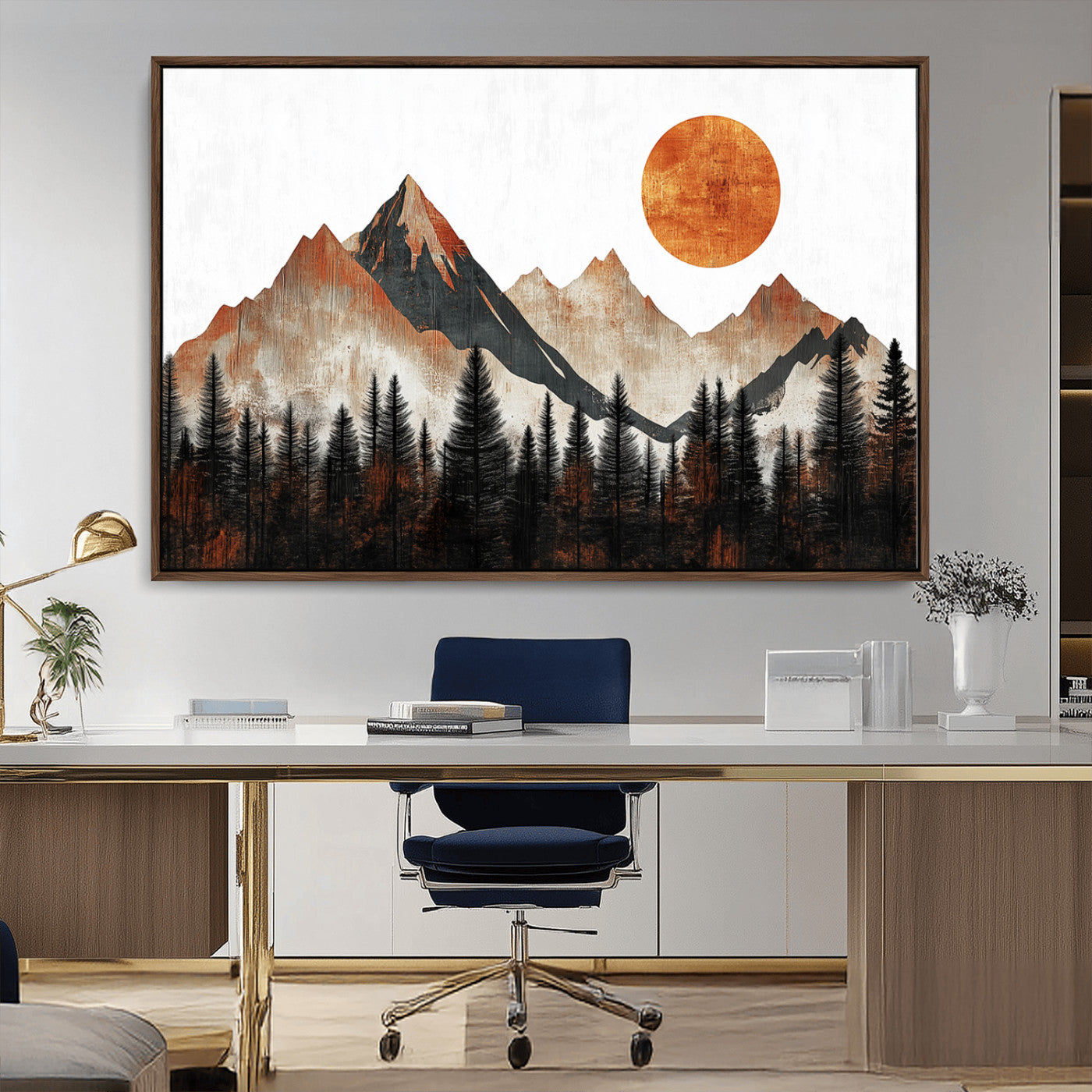 MGV-FC-36X24 - Modern Abstract Mountain Canvas Wall Art Print, Abstract Landscape Print, Rustic Sun and Mountains