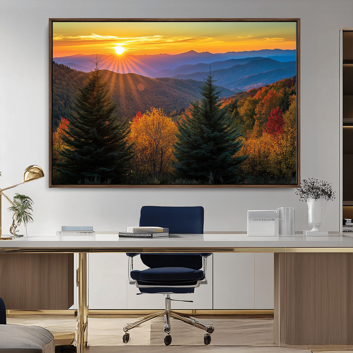 MGV-FC-36X24 - Golden Sunset Over Mountain Forest Canvas Wall Art Print - Warm Nature-Inspired Landscape for Living