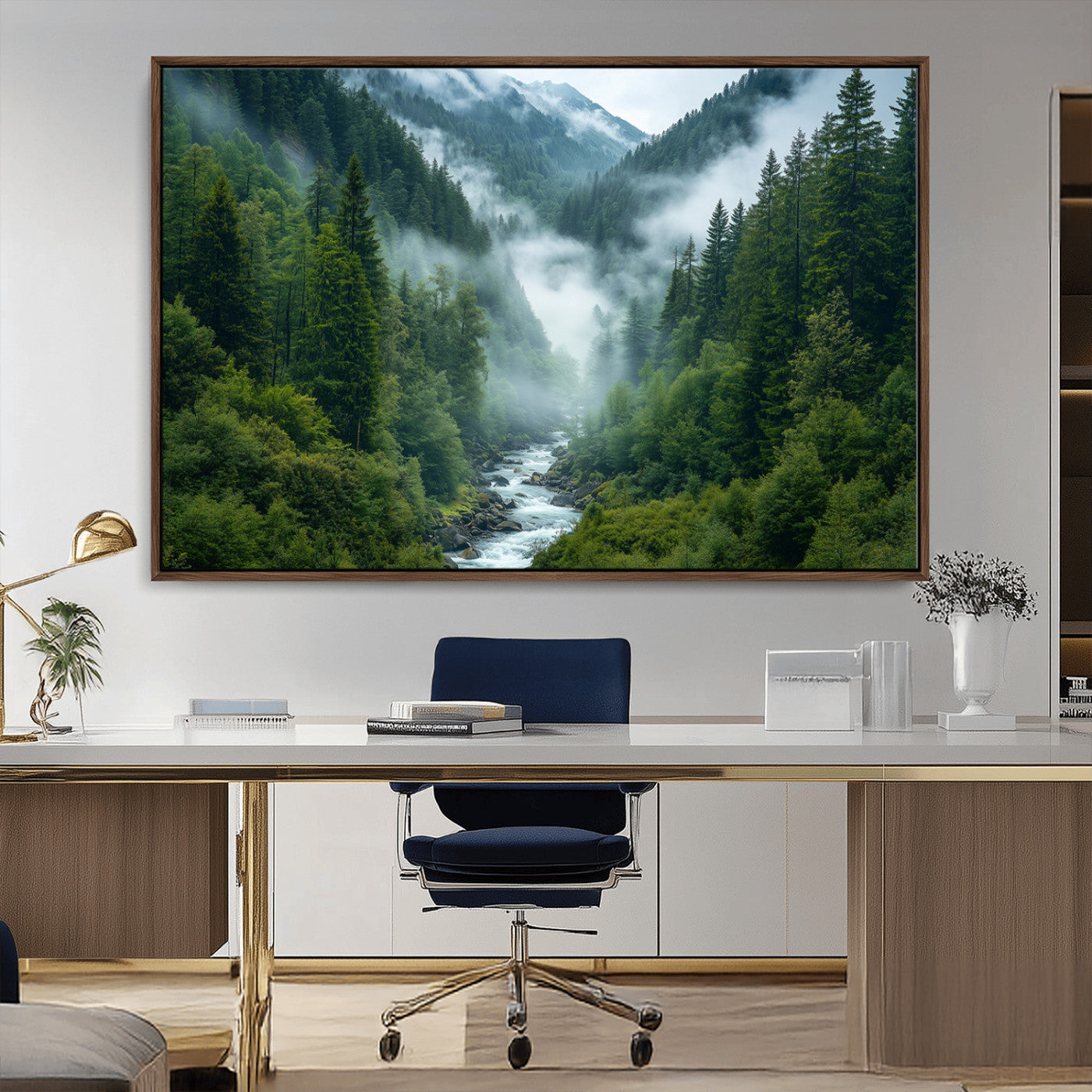 MGV-FC-36X24 - Mountain Forest River Canvas Wall Art Print - Serene Nature Landscape for Living Room, Office, or