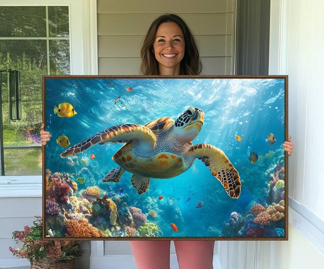 The Sea Turtle Underwater Canvas adorns the wall.