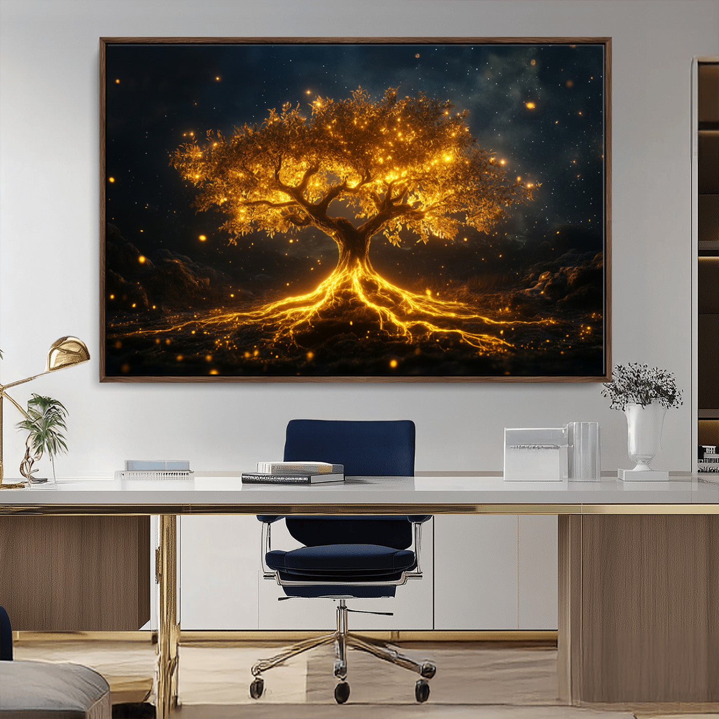 MGV-FC-36X24 - Golden Tree of Life Canvas Wall Art Print - Majestic Glowing Tree Design for Living Room, Office, or