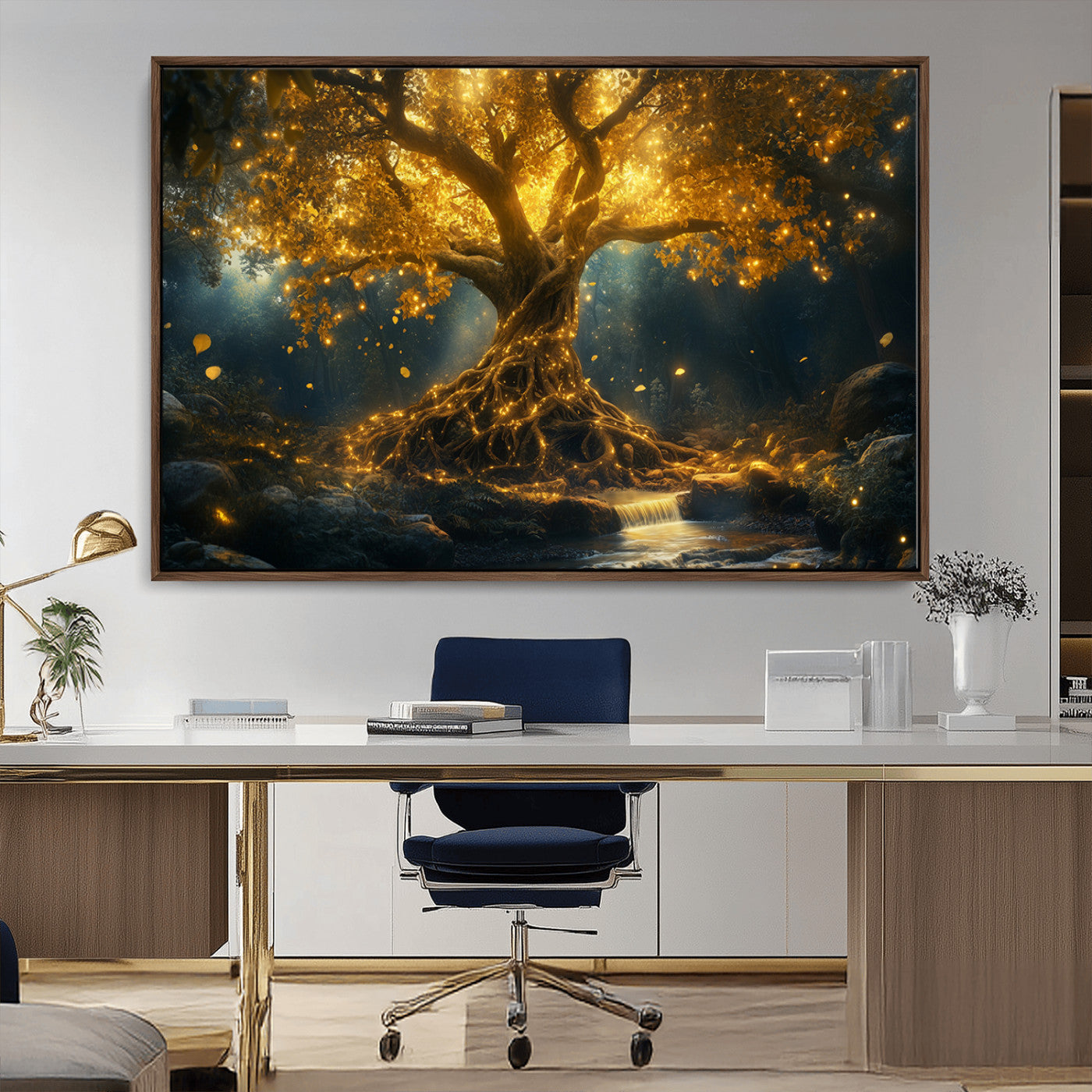 MGV-FC-36X24 - Golden Tree of Life Canvas Wall Art Print - Majestic Glowing Tree Wall Art Print
