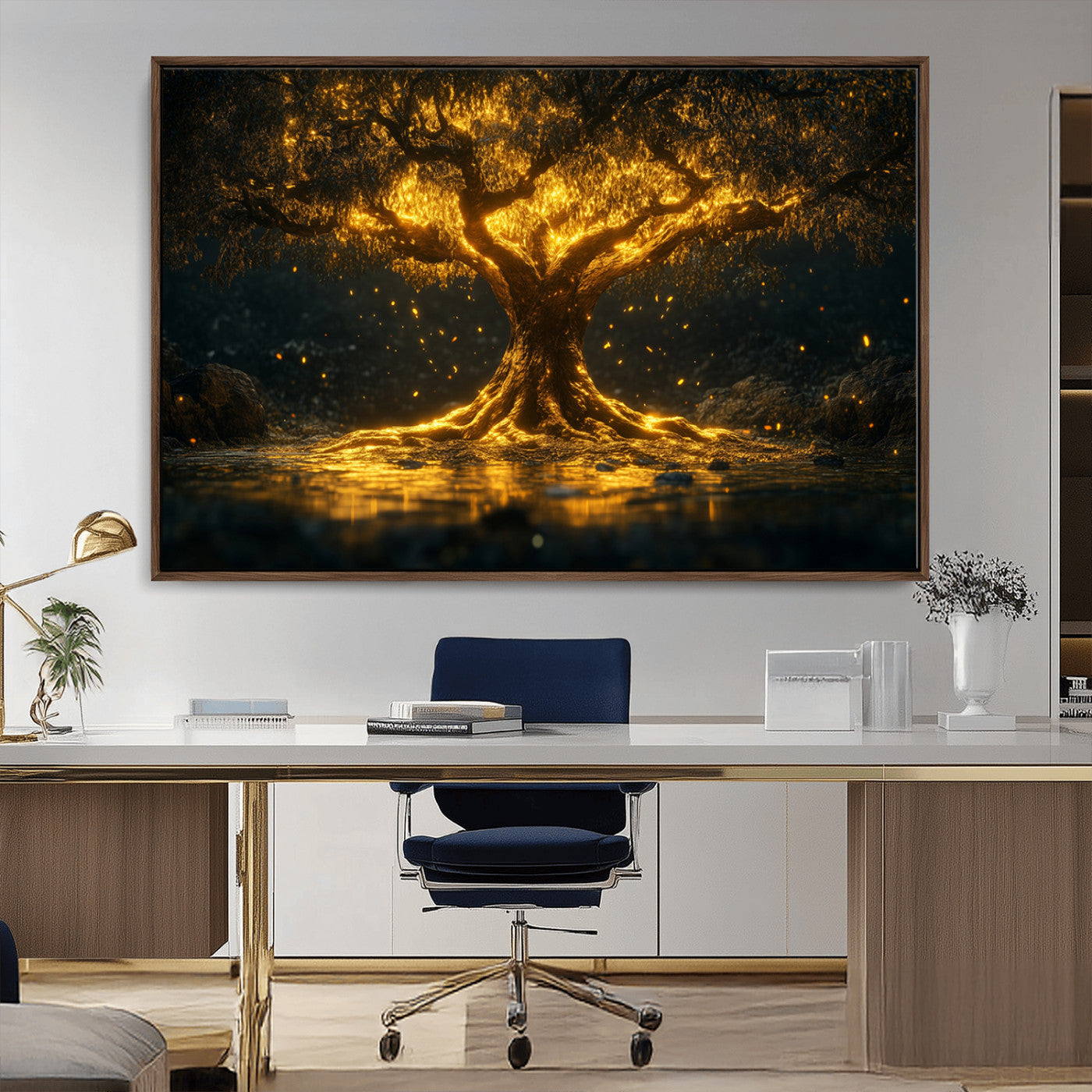 MGV-FC-36X24 - Golden Tree of Life Canvas Wall Art Print - Majestic Glowing Tree Wall Art Print