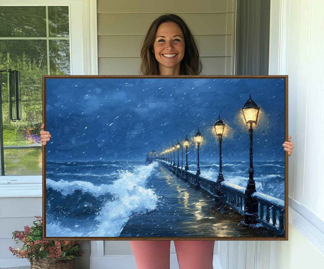 The living room features the Stormy Ocean Pier Lights canvas wall art for illumination.