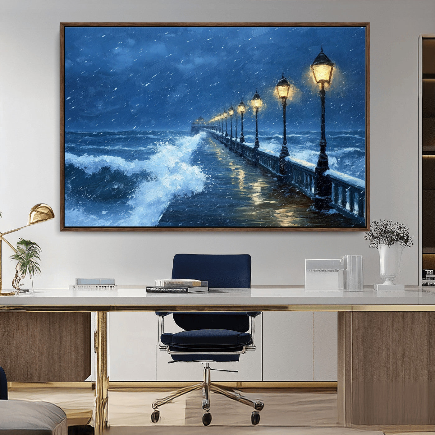 MGV-FC-36X24 - Stormy Ocean Pier Lights Canvas Wall Art Print - Large Moody Night Scene for Living Room, or Office,