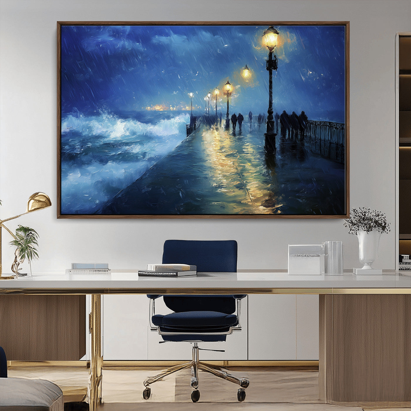 MGV-FC-36X24 - Abstract Stormy Ocean Pier Canvas Wall Art Print | Stormy Ocean Art | Large Moody Night Scene Print,