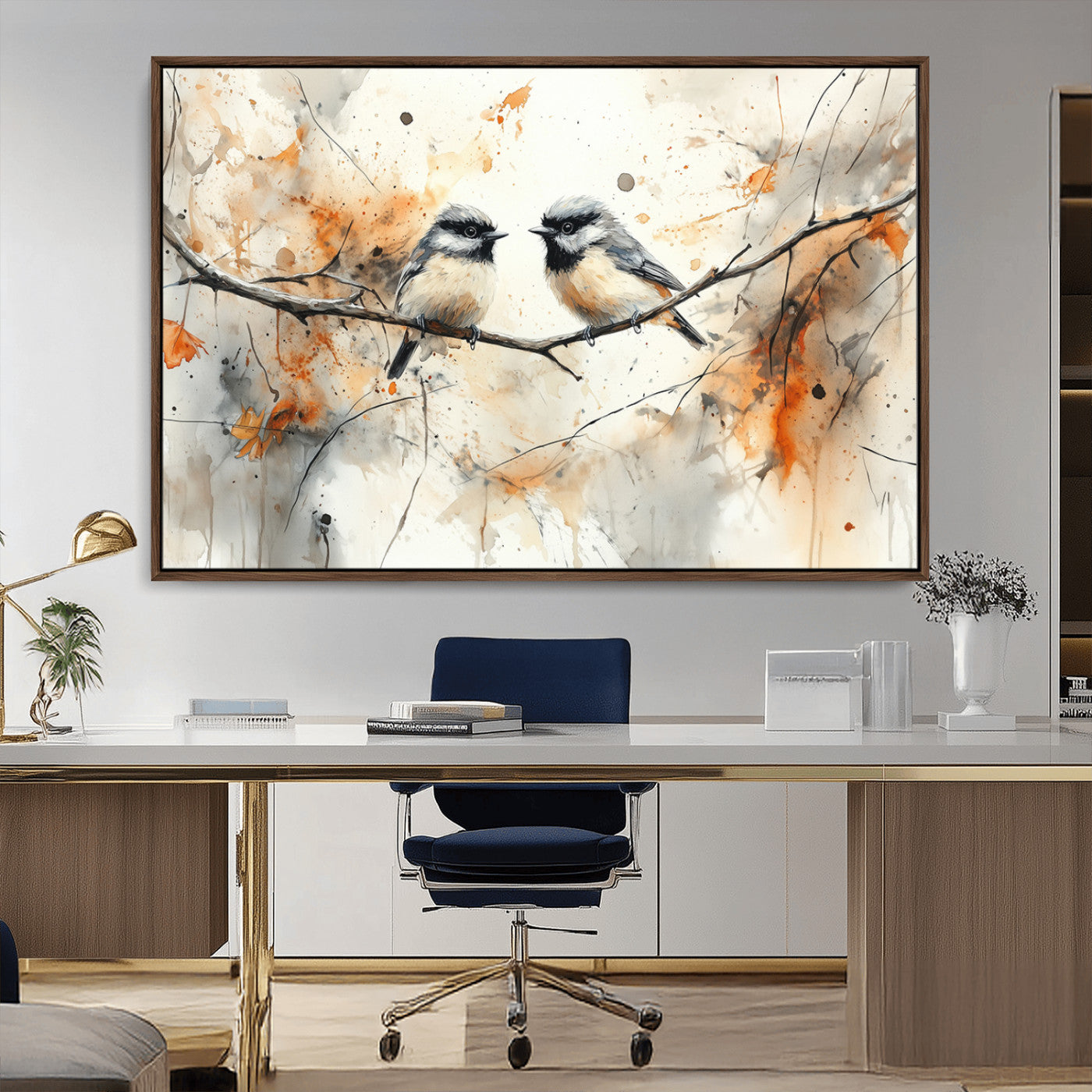 MGV-FC-36X24 - Abstract Watercolor Chickadee Bird Canvas Wall Art Print - Large Bird and Branch Wall Art, Modern