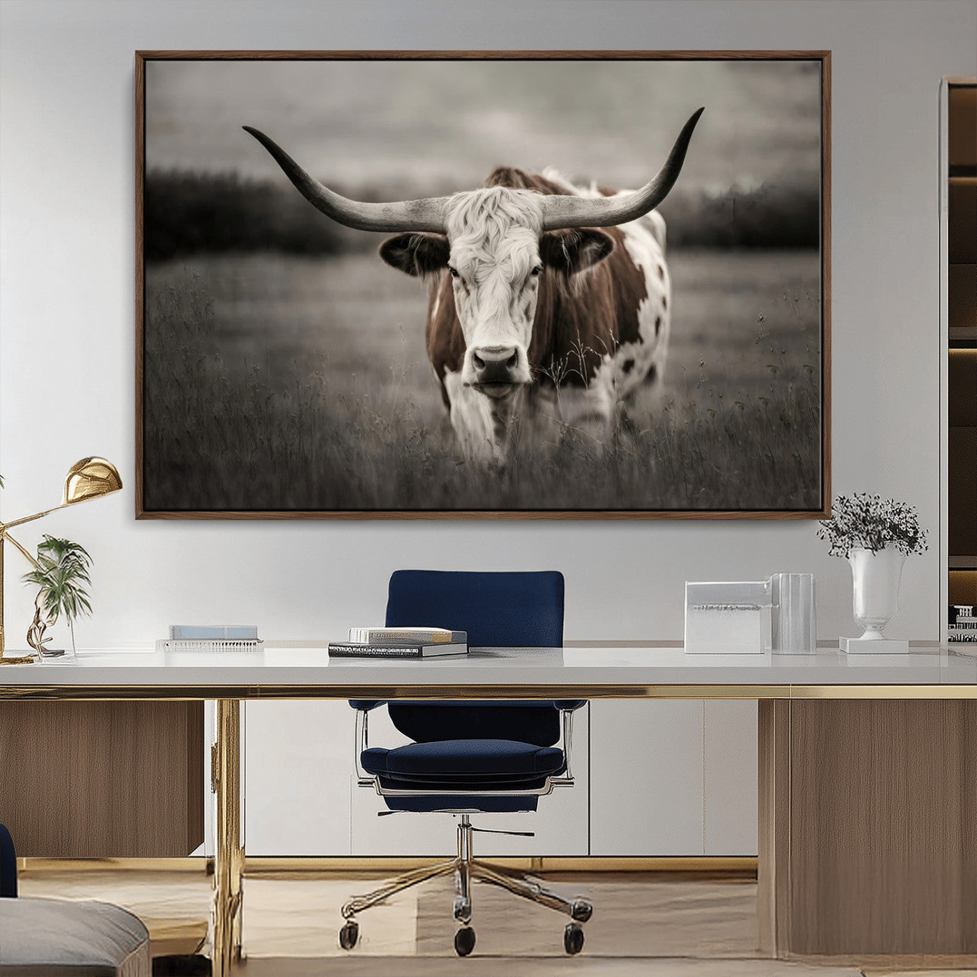 MGV-FC-36X24 - Texas Longhorn Cow Canvas Wall Art Print - Large Rustic Longhorn Art for Living Room, Western Wall