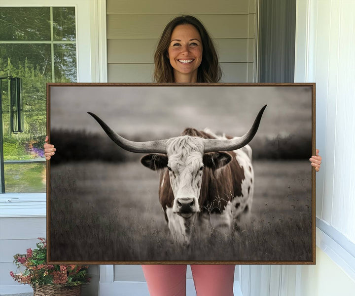 Large Texas Longhorn Cow Canvas for Western decor.