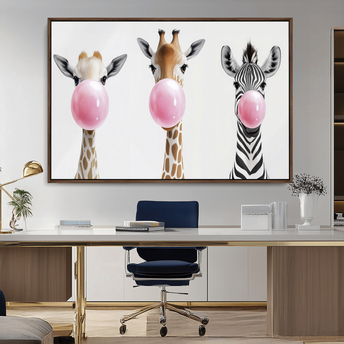 MGV-FC-36X24 - Bubblegum Animals Canvas Wall Art - Playful Giraffe and Zebra Trio, Fun Nursery Decor for Kids'