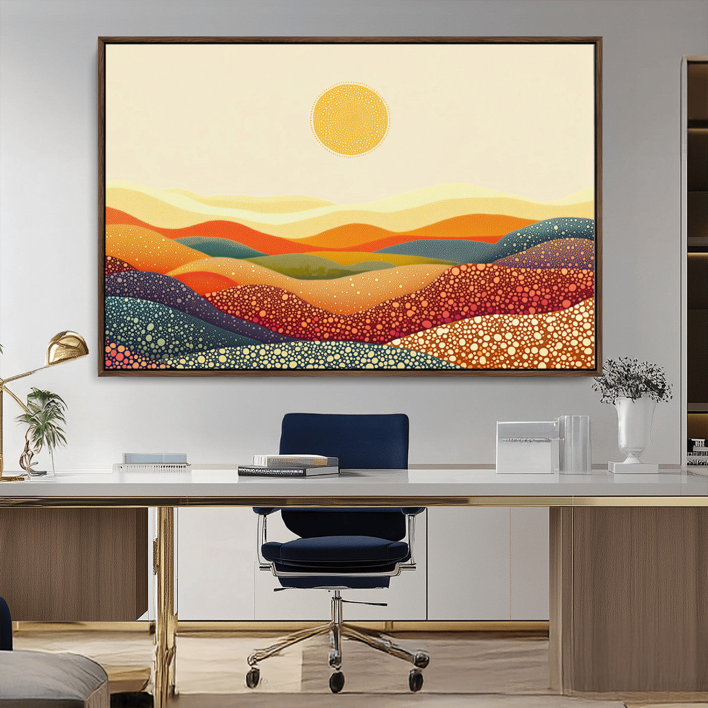 MGV-FC-36X24 - YAYOI KUSAMA Colorful Dot Art Landscape Canvas - Framed Abstract Pointillism Inspired by Nature with