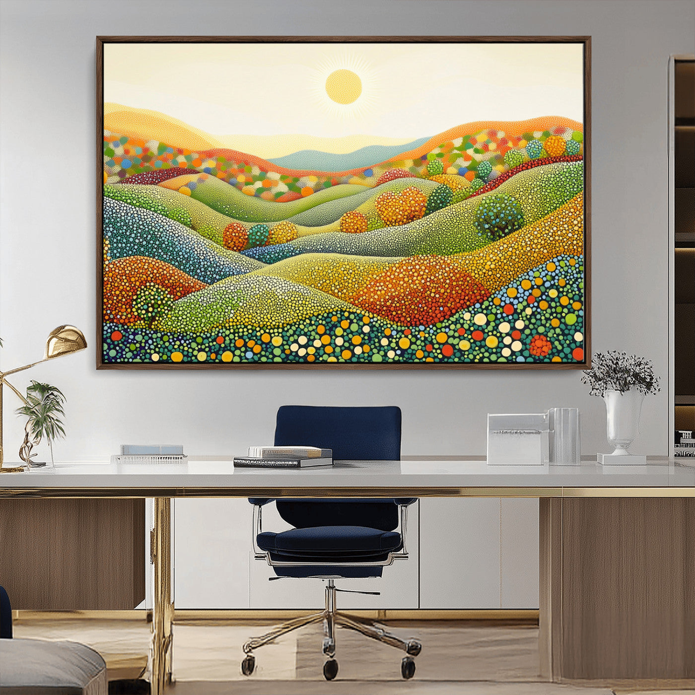 MGV-FC-36X24 - YAYOI KUSAMA Wall Art - Colorful Dot Art Landscape Canvas, Framed Japanese Dot Art