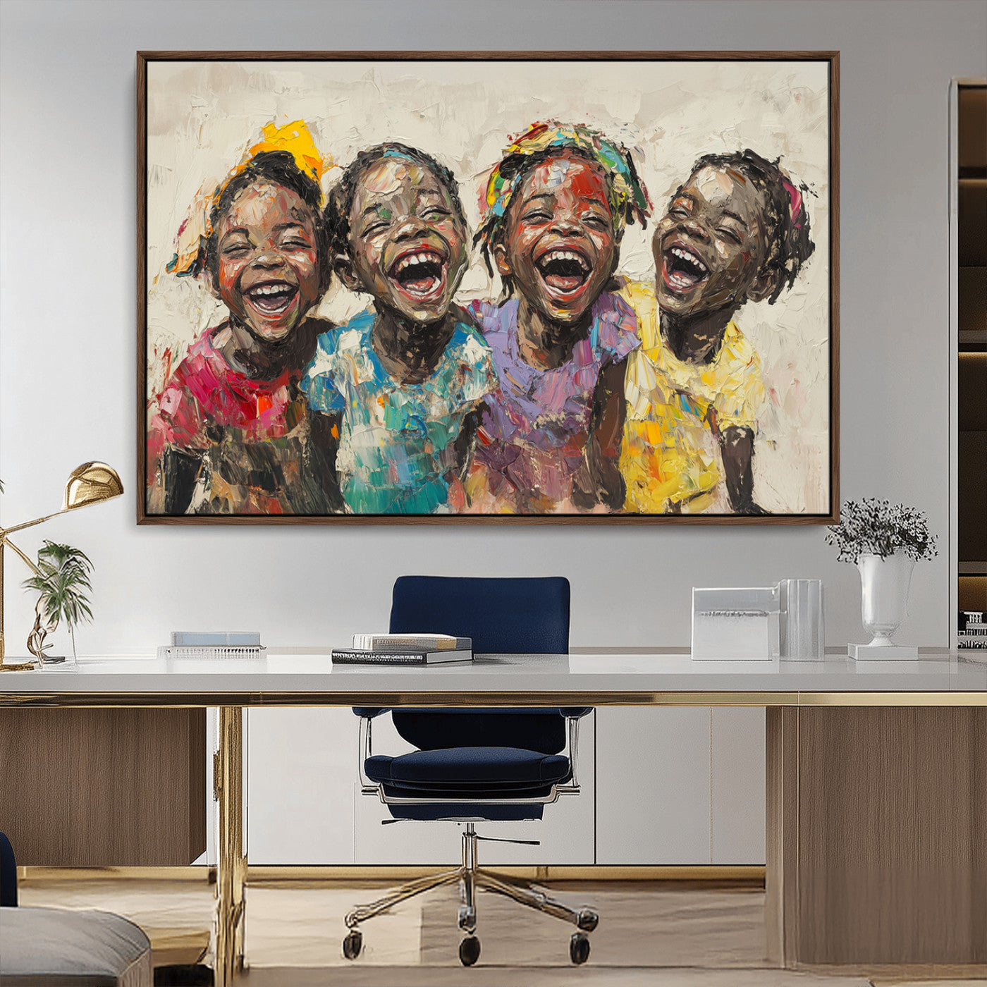 MGV-FC-36X24 - Shai Yossef style Joyful Childhood Canvas Wall Art - Expressive Impasto Painting of Black Children