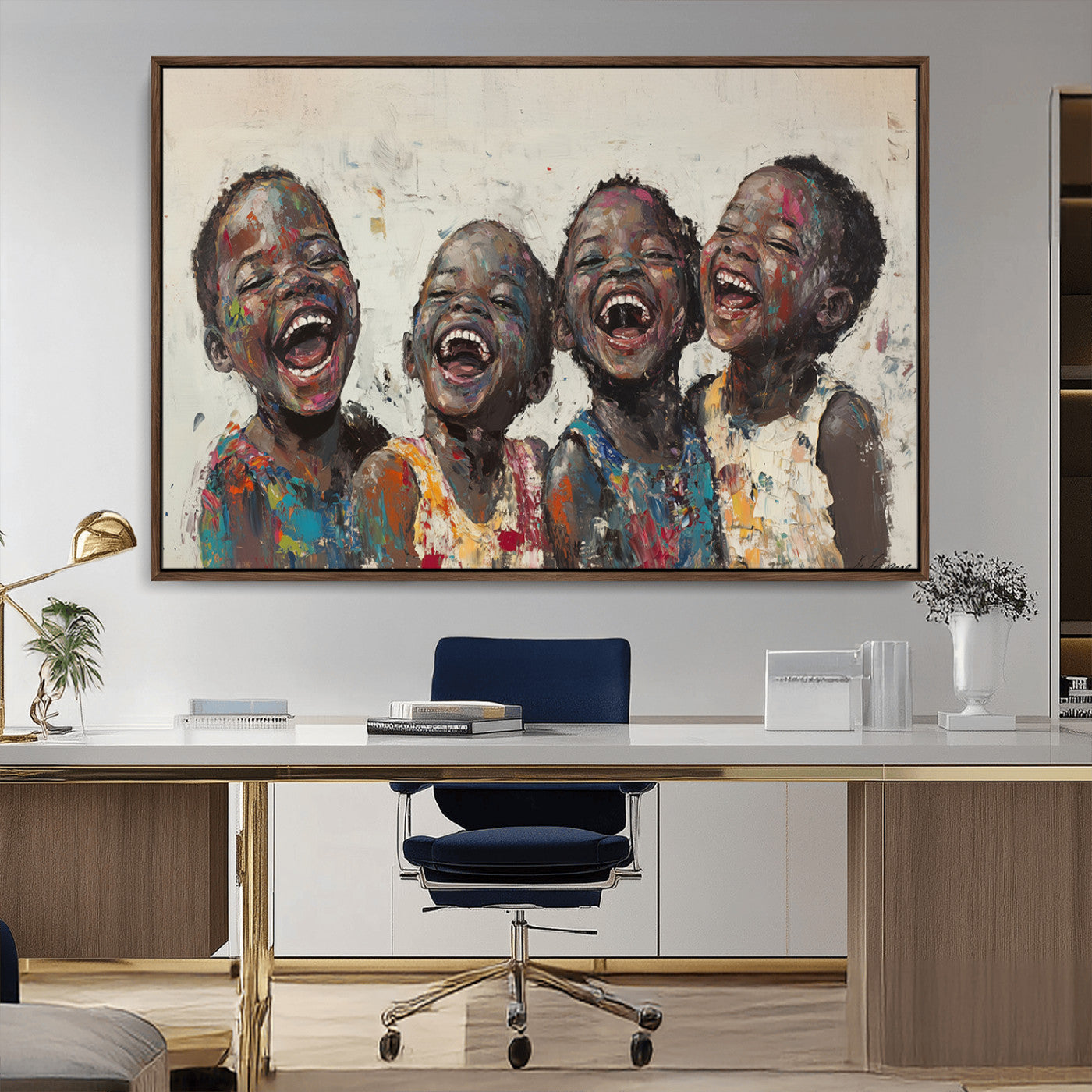 85256-MGV-FC-36X24_Walnut-Shai Yossef Print - Joyful Childhood Canvas Wall Art - Expressive Impasto Painting of Laughing