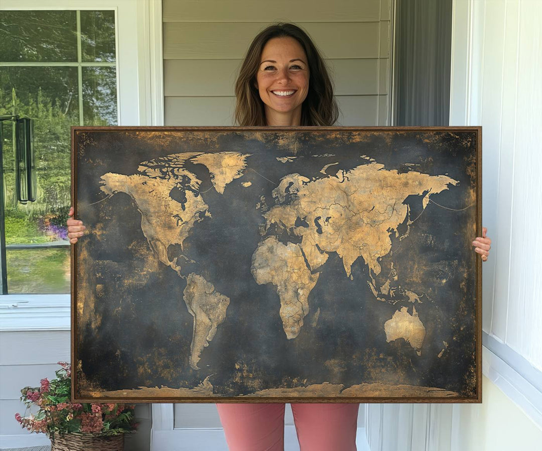 Grunge World Map Canvas Wall Art - Vintage Aged World Map with Golden Tones, Framed Artwork for Living Room, Office, or Study Decor