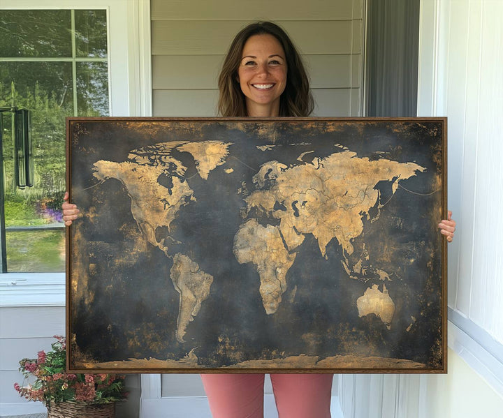 Grunge World Map Canvas Wall Art - Vintage Aged World Map with Golden Tones, Framed Artwork for Living Room, Office, or Study Decor
