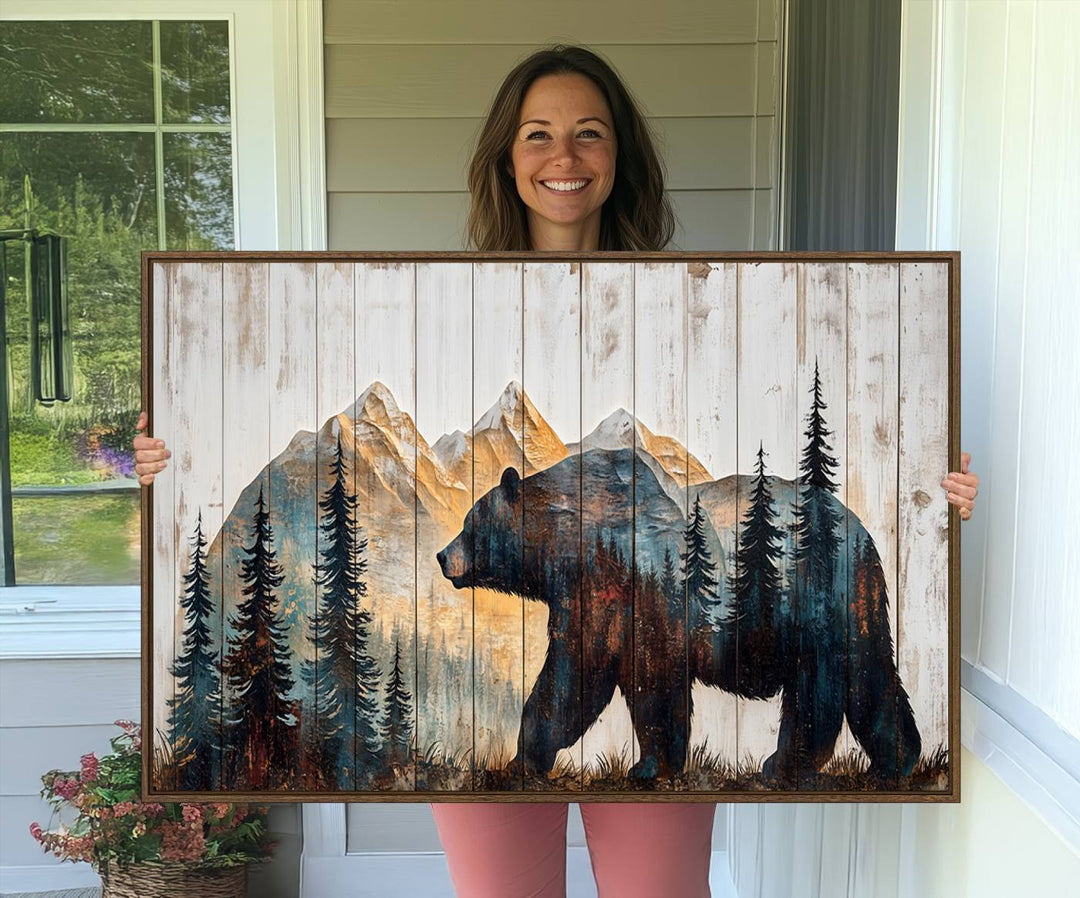 Grizzly 399 Wall Art triptych features a serene mountain scene.