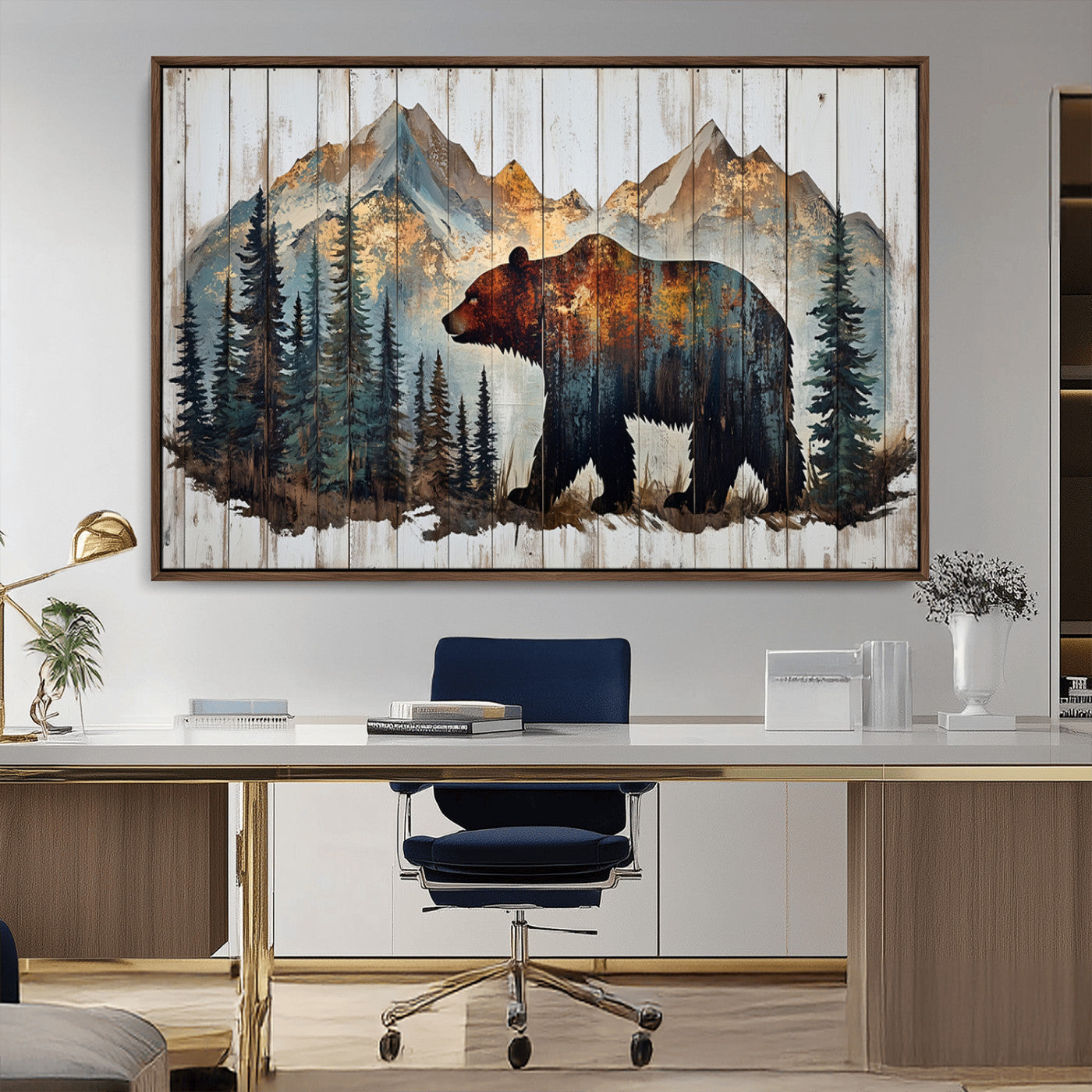55777-MGV-CV-36X24-Rustic Grizzly 399 Bear and Mountain Wood Canvas Wall Art - Framed Nature Artwork with Forest