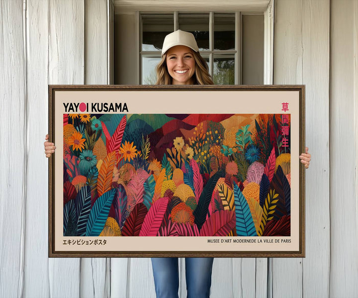 The Yayoi Kusama Inspired Wall Art Canvas Print features colorful flowers and foliage, presented with a premium canvas and gallery-quality finish.