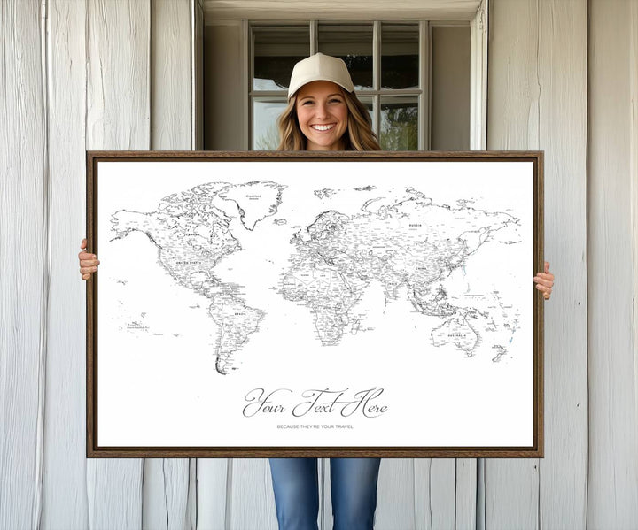 A large Framed Push Pin Mini World Travel Map Wall Art Print features customizable text and is designed as a premium cork pin board canvas with labeled countries for a gallery-quality finish.